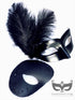 Black Venetian couples masquerade masks featuring a dramatic feathered mask for women and a glitter-accented mask for men, perfect for elegant balls and themed parties.

