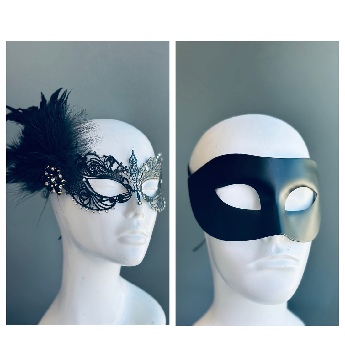 Elegant black Venetian couples masquerade masks featuring a feather and rhinestone mask for women and a sleek matte mask for men, ideal for formal balls and themed events.