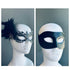 Elegant black Venetian couples masquerade masks featuring a feather and rhinestone mask for women and a sleek matte mask for men, ideal for formal balls and themed events.