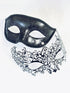 Black Venetian couples masquerade masks featuring a delicate filigree design for women and a glitter-accented scroll mask for men, perfect for elegant events and themed parties.

