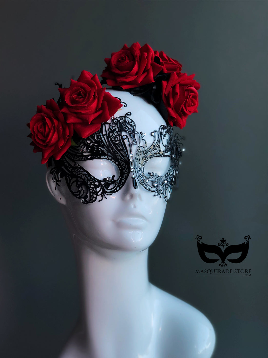 Black filigree masquerade mask with red rose crown, gothic romantic mask for women.