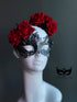 Black filigree masquerade mask with red rose crown, gothic romantic mask for women.