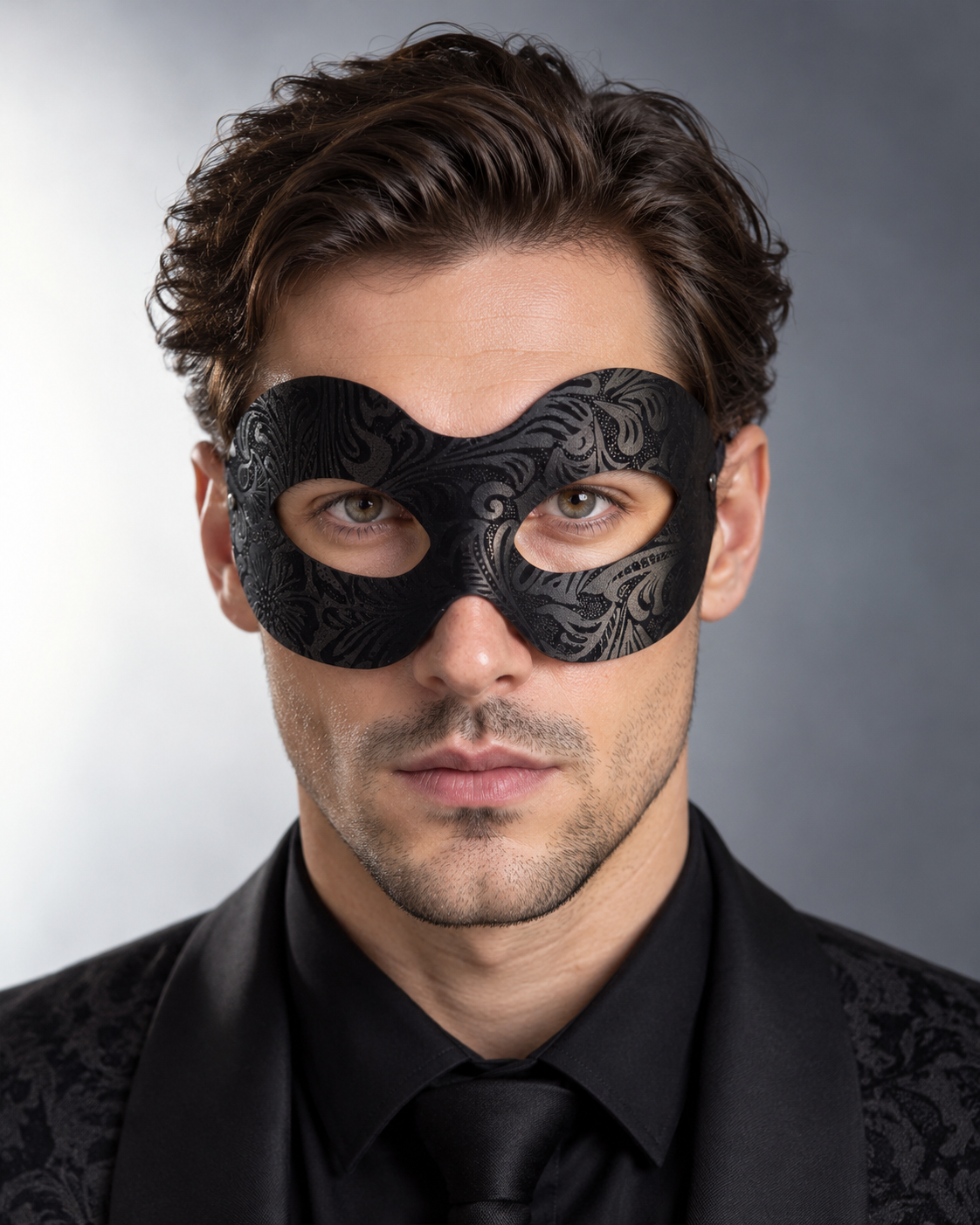 Black Floral Damask Masquerade Mask with embossed floral pattern for Venetian masquerade balls and formal costume events.