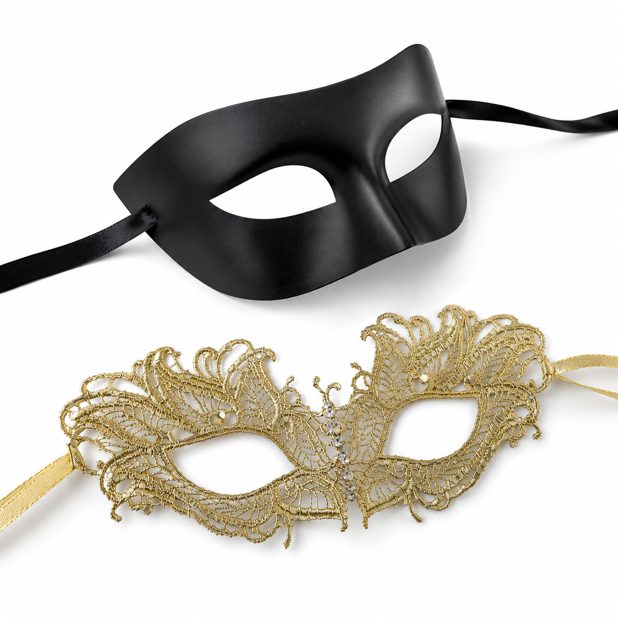 Black gold couples masquerade mask set with smooth black men’s Venetian-style mask and gold lace women’s mask for masquerade balls and formal events.