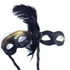Black and gold masquerade couple’s mask set with a men’s gold scroll mask and a women’s handheld feather plume mask on a stick.