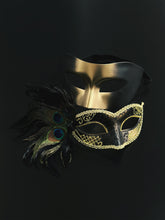 Black and gold couples masquerade masks, one with peacock feathers and glitter detailing, perfect for masquerade balls, prom, or Venetian parties.