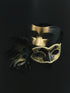 Black and gold couples masquerade masks, one with peacock feathers and glitter detailing, perfect for masquerade balls, prom, or Venetian parties.