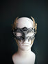 Gold horn masquerade mask in black with dramatic curves and filigree for fantasy ball or Halloween costume