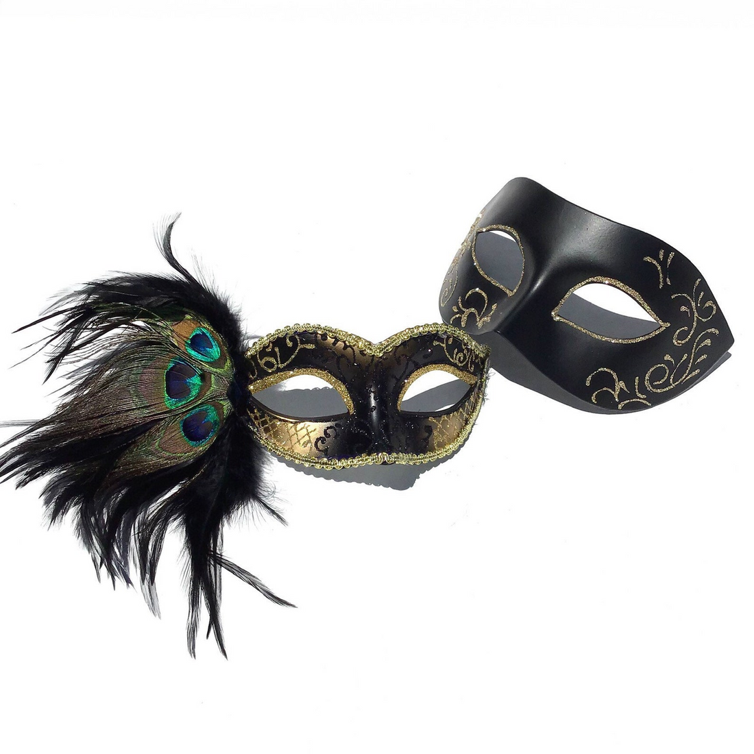 Couple’s masquerade mask set with a black and gold peacock feather women’s mask and a men’s matte black mask with gold scrolls.