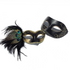 Couple’s masquerade mask set with a black and gold peacock feather women’s mask and a men’s matte black mask with gold scrolls.