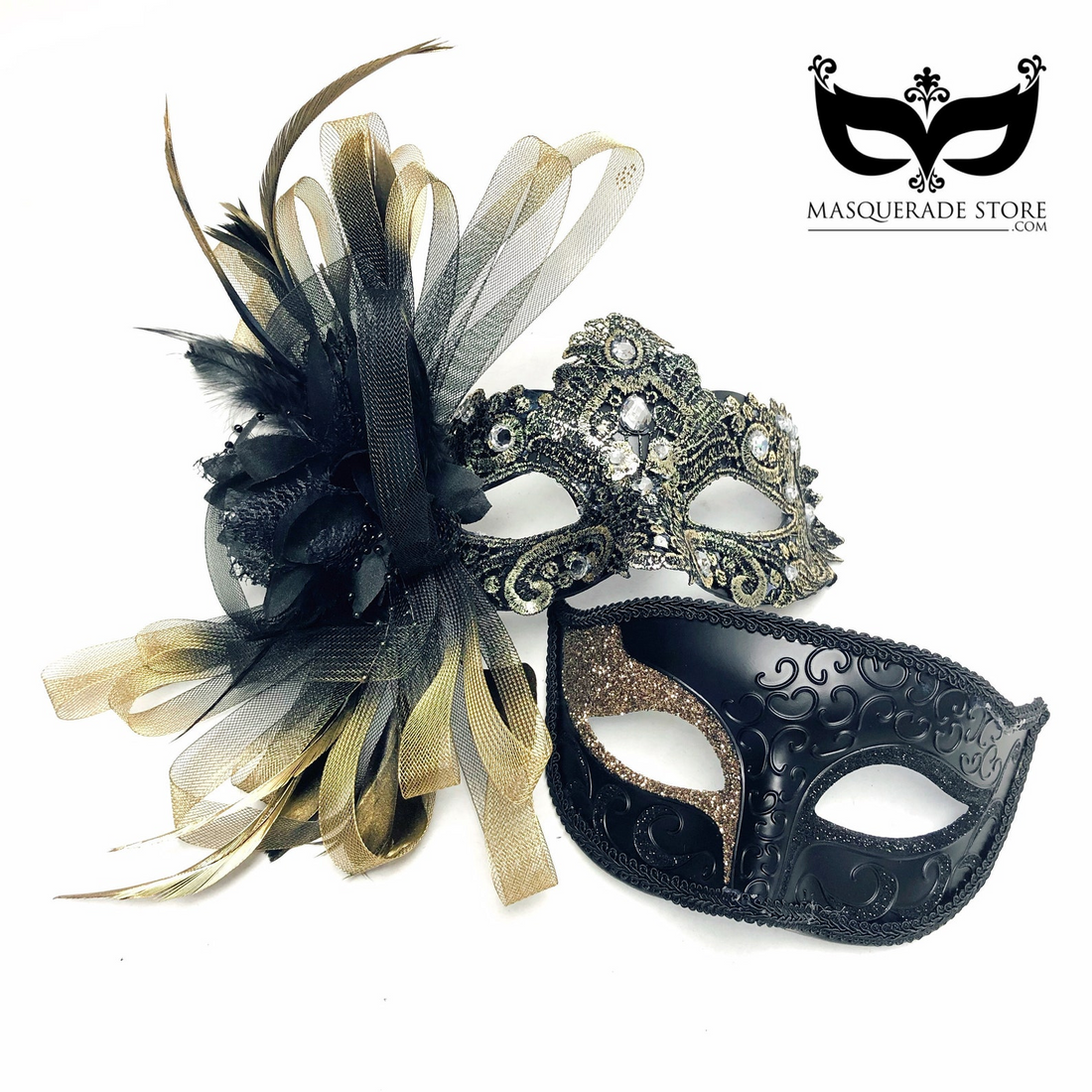 Black and gold couples masquerade mask set with men’s glitter mask and ornate women’s lace feather mask with rhinestones.