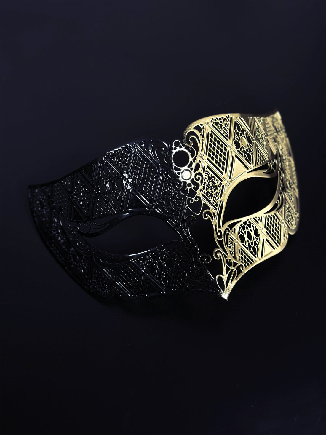 Men’s black and gold Venetian masquerade mask with geometric filigree design.