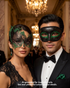 Black and emerald green Venetian couples masquerade mask set with men’s eye mask and women’s swan filigree mask for formal masquerade ball.
