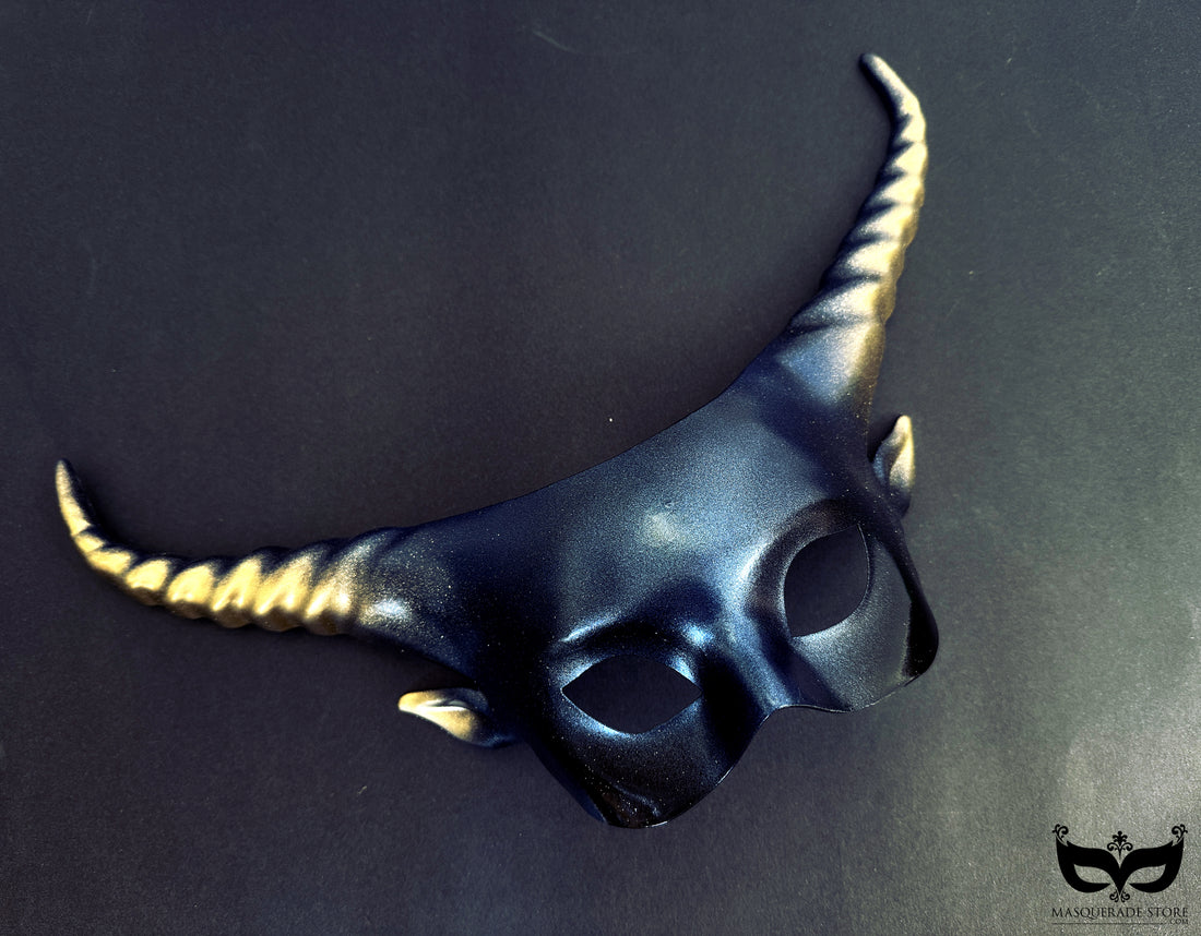 Gothic black and gold horn masquerade mask for Halloween, balls, and costume parties