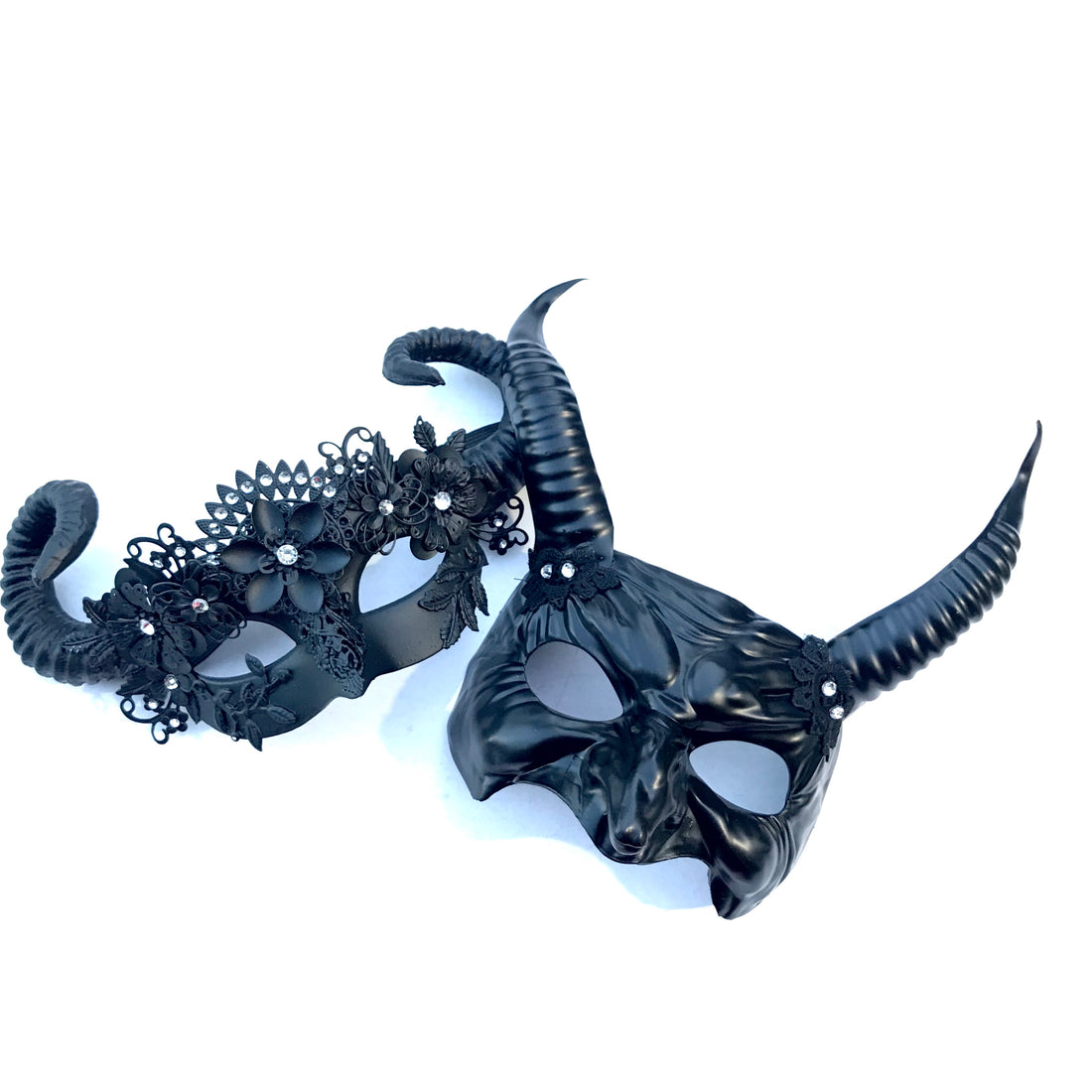 Horned black masquerade mask duo with dark floral accents—ideal for gothic events and costume parties.