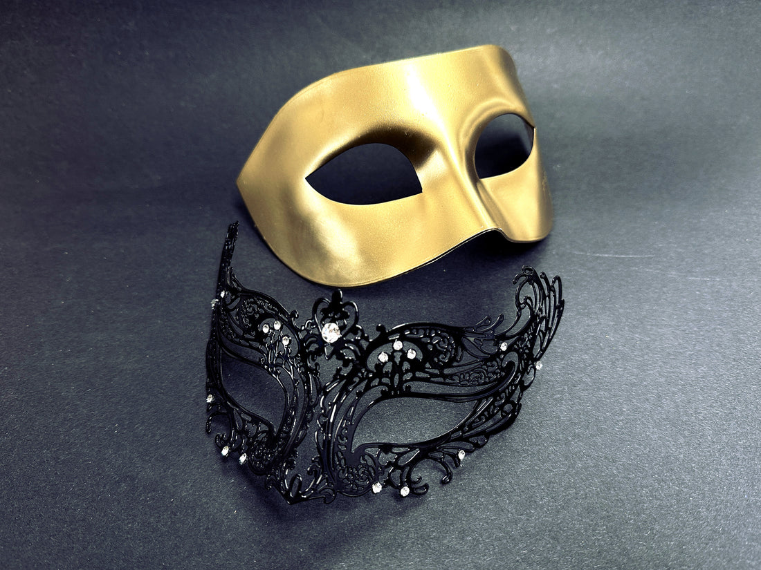 Elegant gold and black couples masquerade masks with crystal details, perfect for masquerade balls, prom, and Halloween.