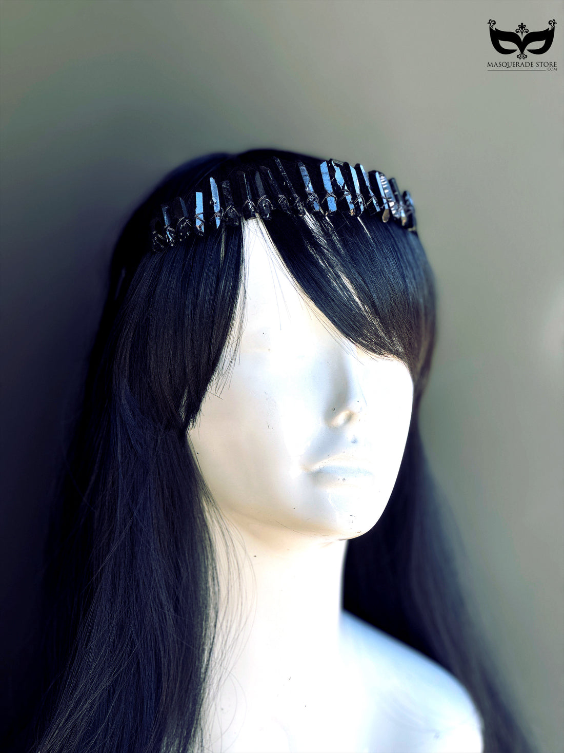 Black quartz crystal gothic headband for witchy outfits, festivals, and masquerade looks