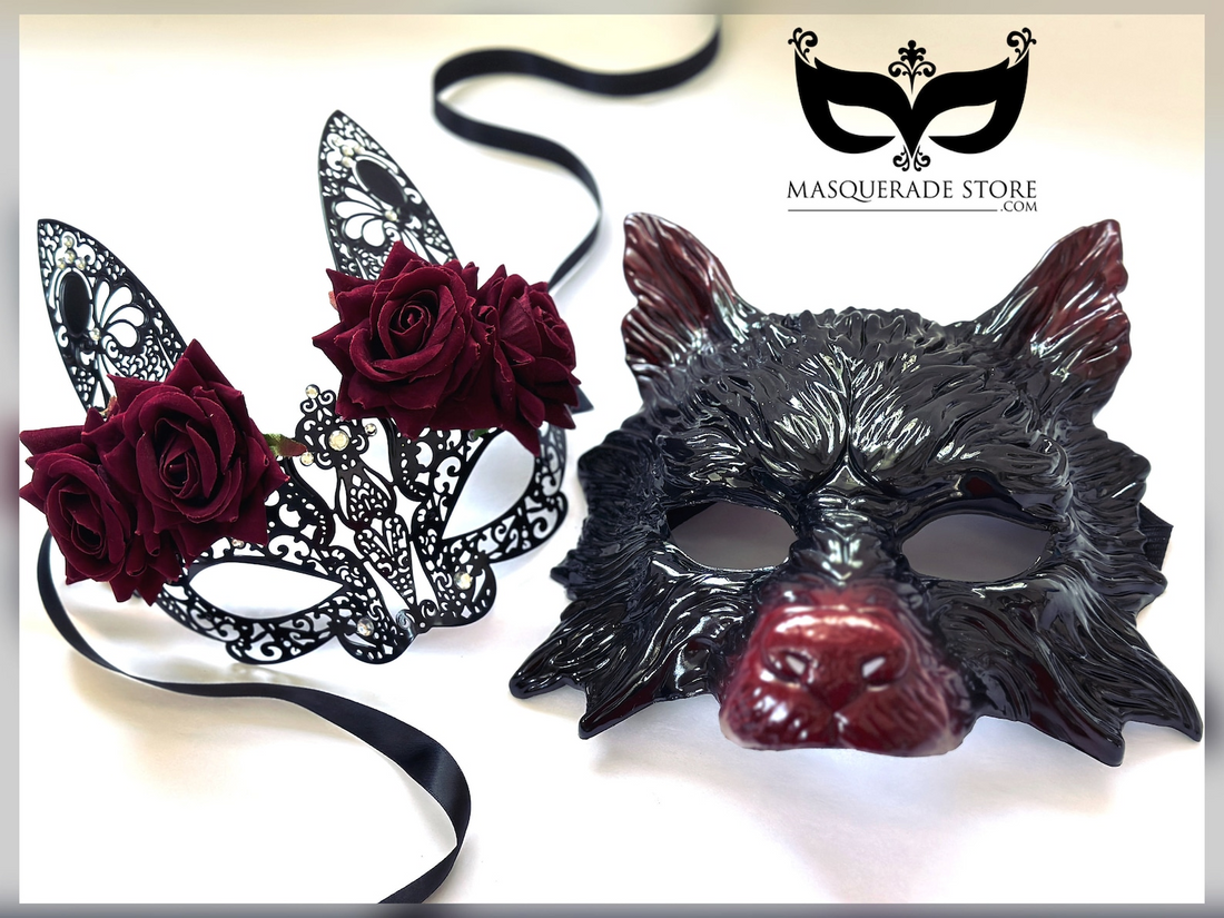 Black wolf masquerade mask with red accents and lace bunny mask with red roses for couples.