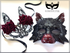 Black wolf masquerade mask with red accents and lace bunny mask with red roses for couples.