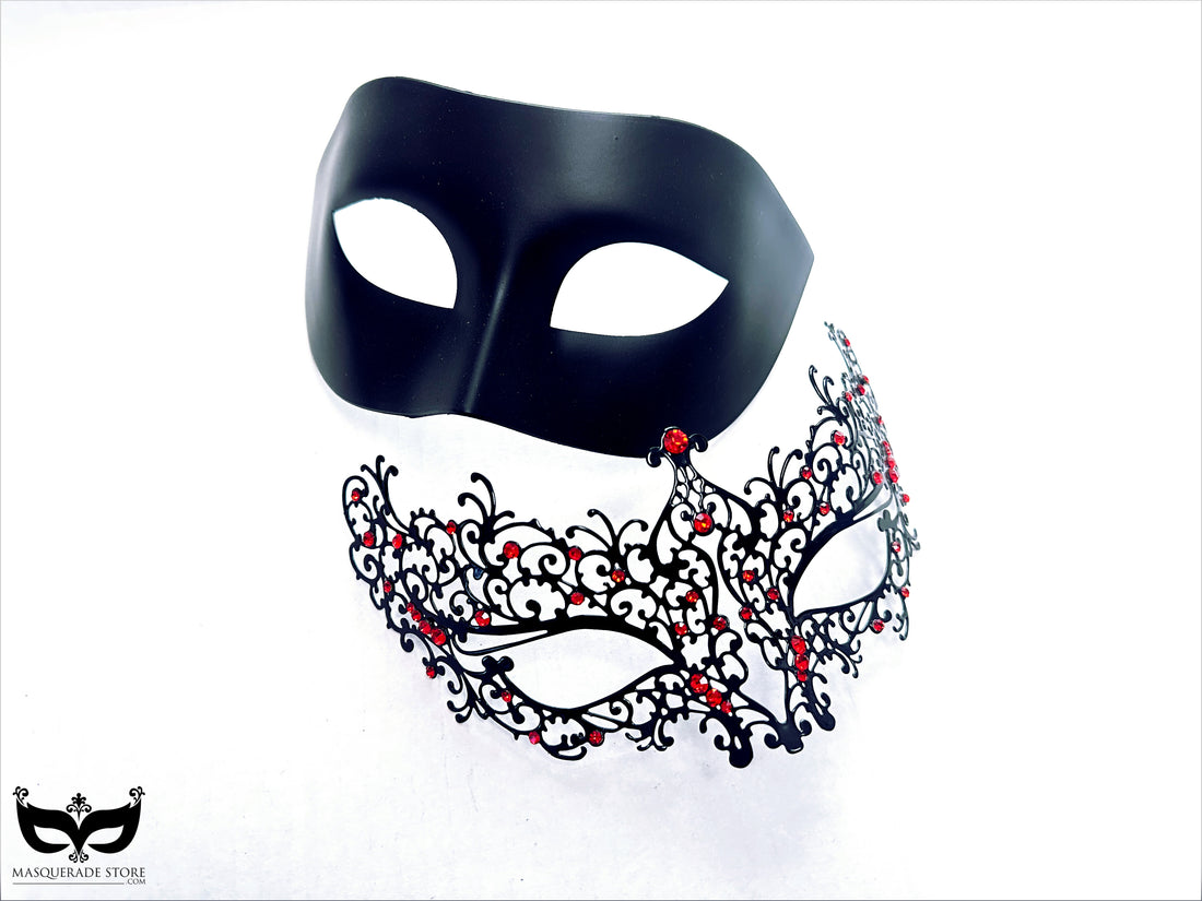 Elegant black and red couples masquerade masks with crystal details, designed for prom, masquerade ball, and Halloween events.