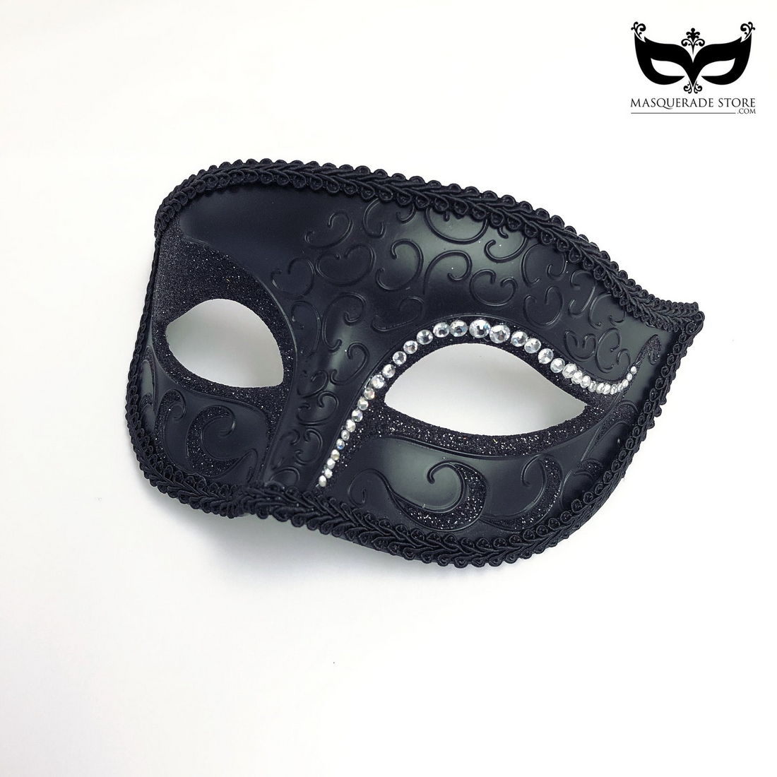 Men masquerade mask featuring a black rhinestone scrollwork mask