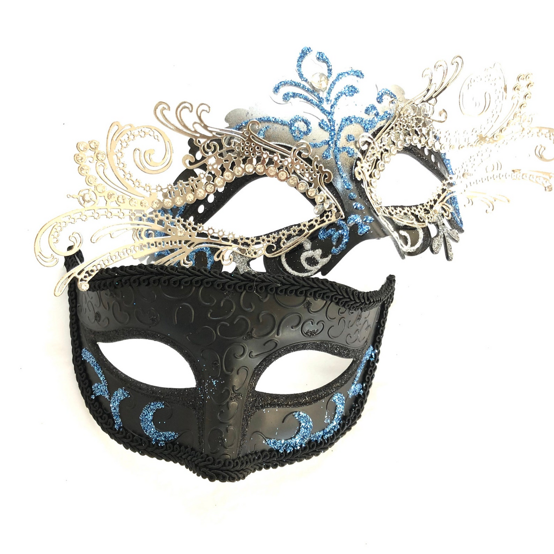 Black and silver masquerade couples mask set with blue glitter accents and ornate filigree details, ideal for Venetian masquerade balls and Mardi Gras.