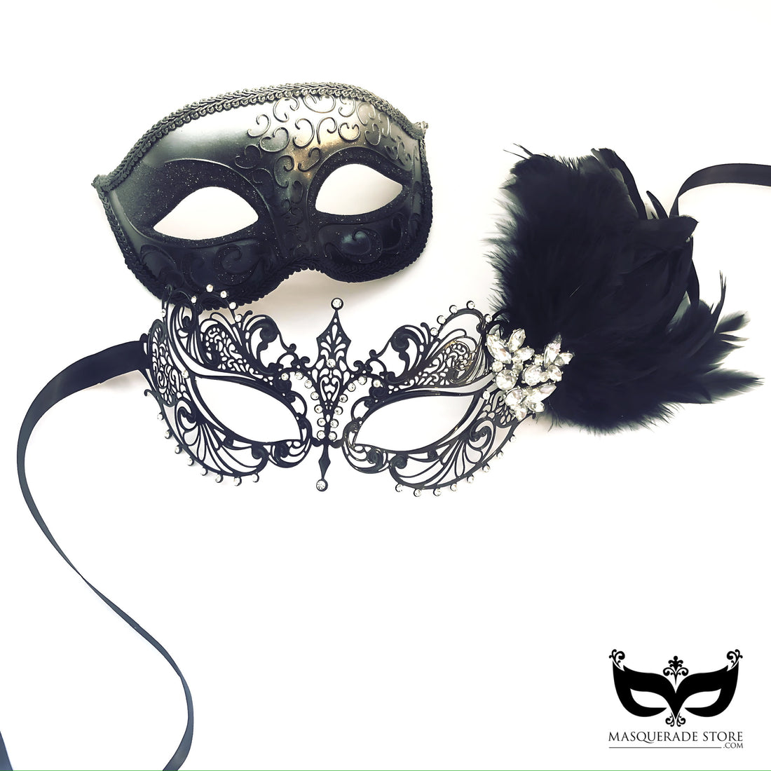 Black and silver couples masquerade mask set with rhinestones and feathers for masquerade ball or prom.