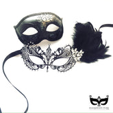 Black and silver couples masquerade mask set with rhinestones and feathers for masquerade ball or prom.