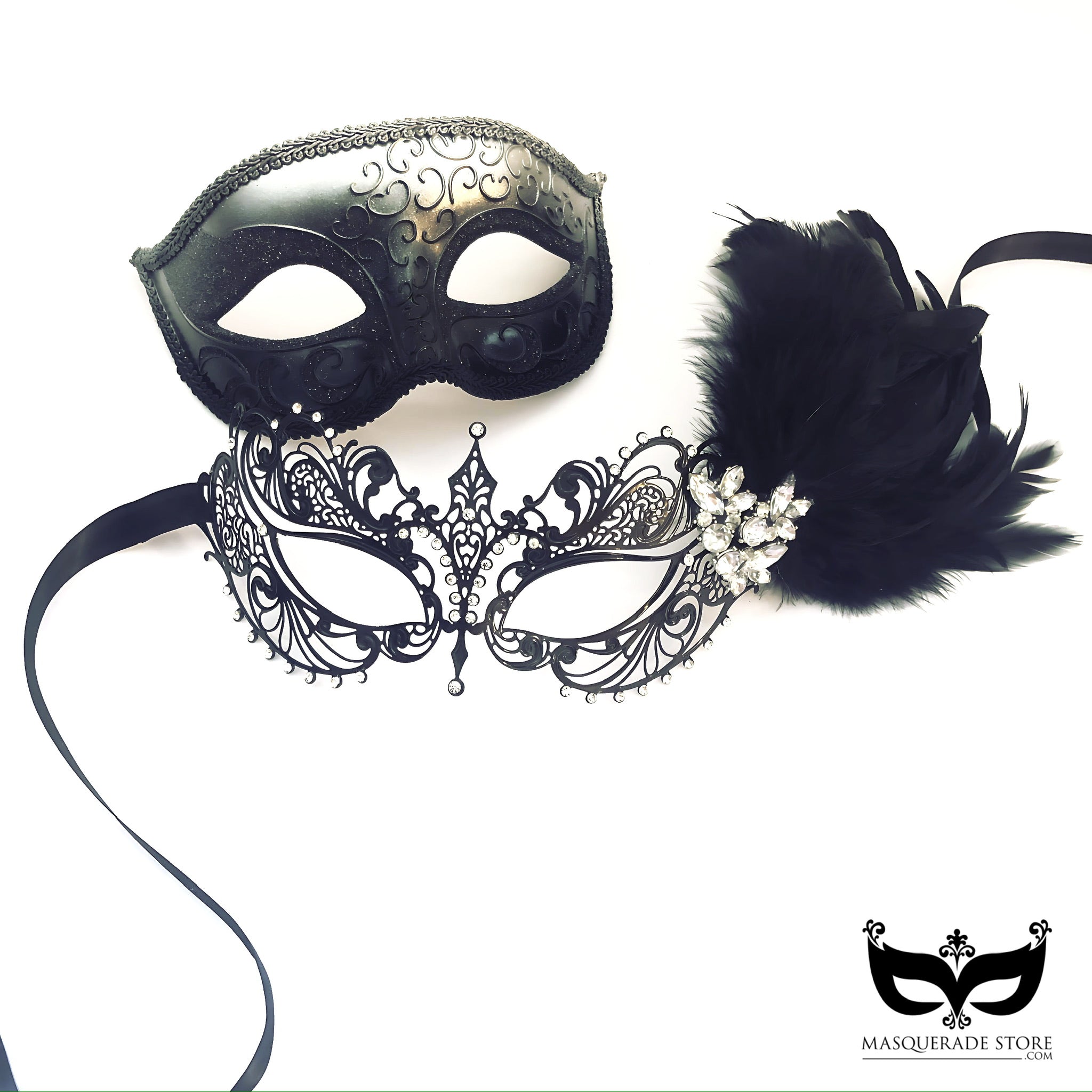 Black and silver couples masquerade mask set with rhinestones and feathers for masquerade ball or prom.