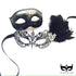 Black and silver couples masquerade mask set with rhinestones and feathers for masquerade ball or prom.
