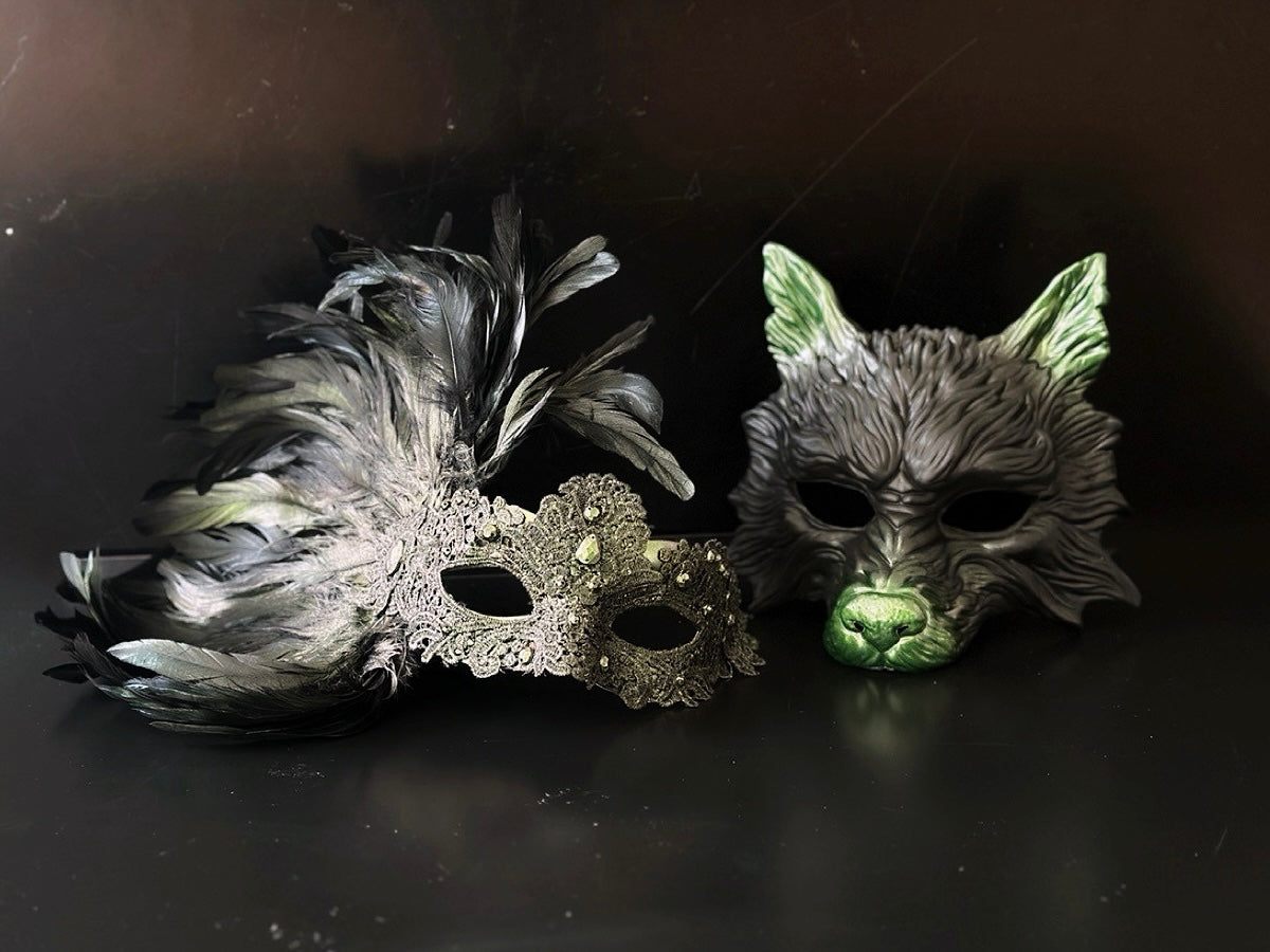 Black silver and green couple masquerade mask set with wolf mask and feather lace mask for masquerade events.