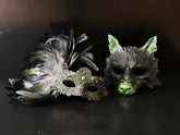 Black silver and green couple masquerade mask set with wolf mask and feather lace mask for masquerade events.