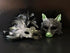 Black silver and green couple masquerade mask set with wolf mask and feather lace mask for masquerade events.