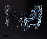 Black and silver spiderweb masquerade mask with gothic openwork filigree, rhinestone accents, silver web edges, and ribbon ties for costume events.