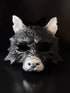 Black and silver wolf masquerade mask with sculpted details for costume and cosplay events.