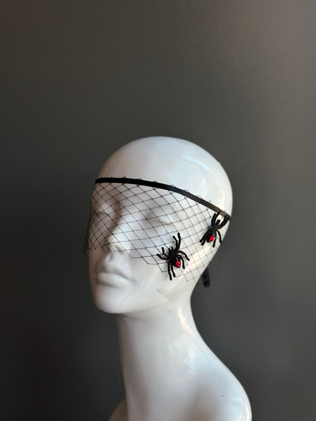 Black Halloween mesh face veil with red-eyed spiders and gothic design