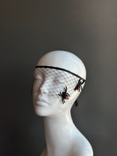 Black Halloween mesh face veil with red-eyed spiders and gothic design