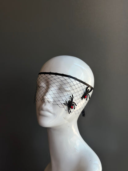 Black Halloween mesh face veil with red-eyed spiders and gothic design