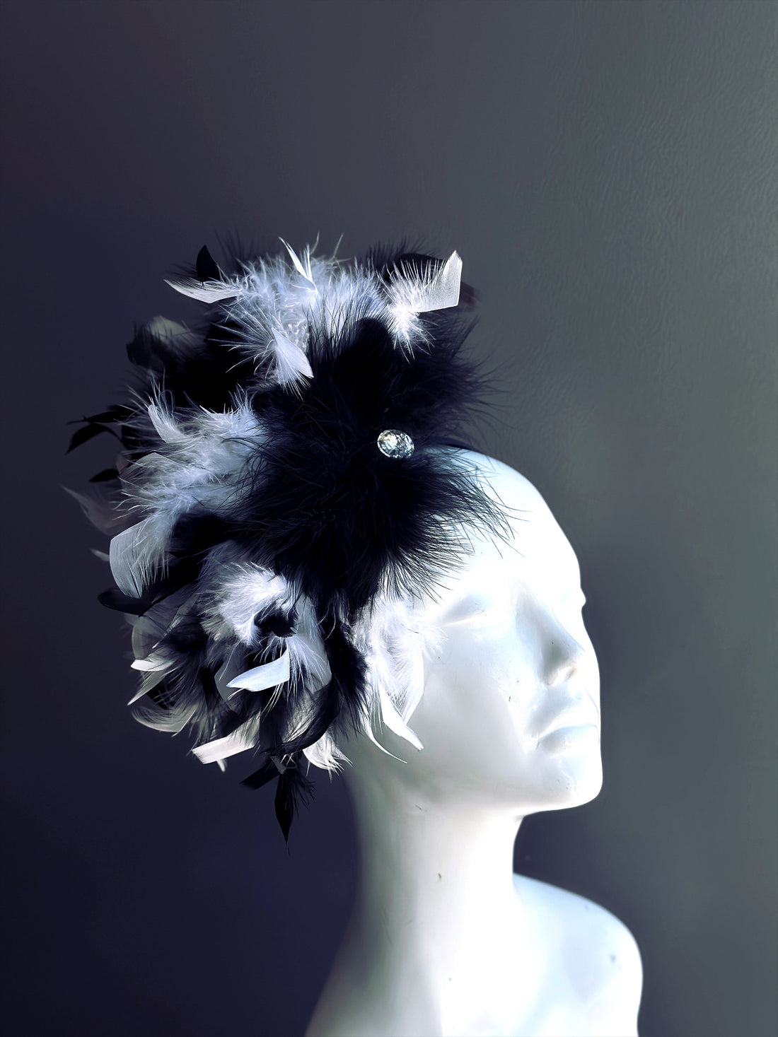 Elegant black and white feather fascinator hat with crystal centerpiece, perfect for Derby, masquerade parties, and weddings.