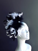 Elegant black and white feather fascinator hat with crystal centerpiece, perfect for Derby, masquerade parties, and weddings.