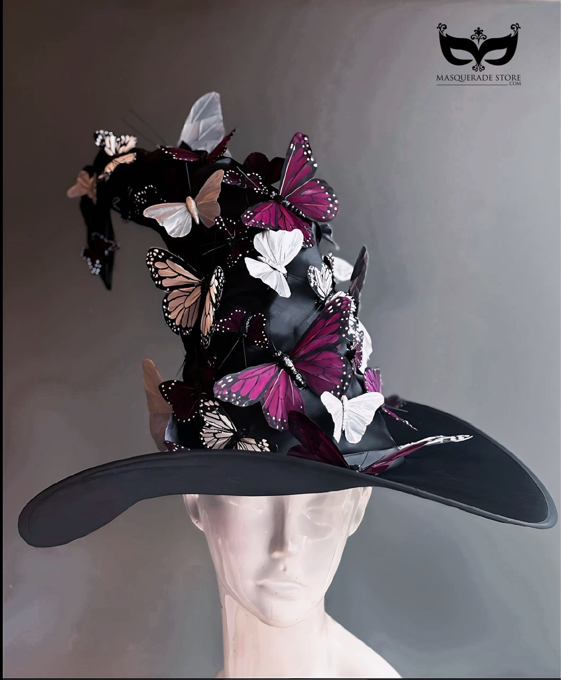 Black witch hat with purple, silver, and white butterflies for Halloween, gothic masquerade, and cosplay.