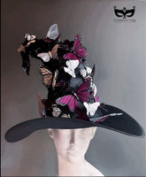 Black witch hat with purple, silver, and white butterflies for Halloween, gothic masquerade, and cosplay.