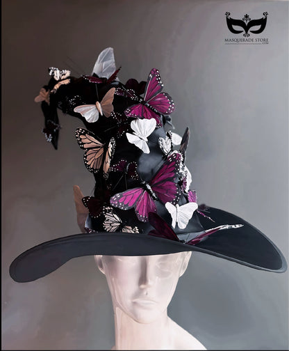Black witch hat with purple, silver, and white butterflies for Halloween, gothic masquerade, and cosplay.