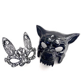 Elegant black wolf mask paired with intricate black lace bunny mask for couples, perfect for Venetian masquerade events and themed parties.


