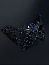 Black filigree masquerade mask with sapphire blue rhinestones, ideal for women attending Venetian masquerade balls, Mardi Gras, and Halloween parties.