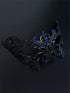 Black filigree masquerade mask with sapphire blue rhinestones, ideal for women attending Venetian masquerade balls, Mardi Gras, and Halloween parties.