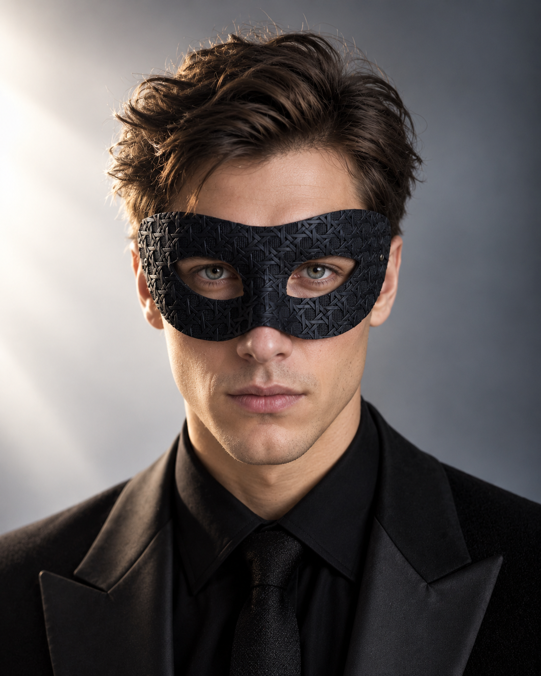 Black Woven Pattern Masquerade Mask with embossed woven texture for Venetian masquerade balls and formal costume events.