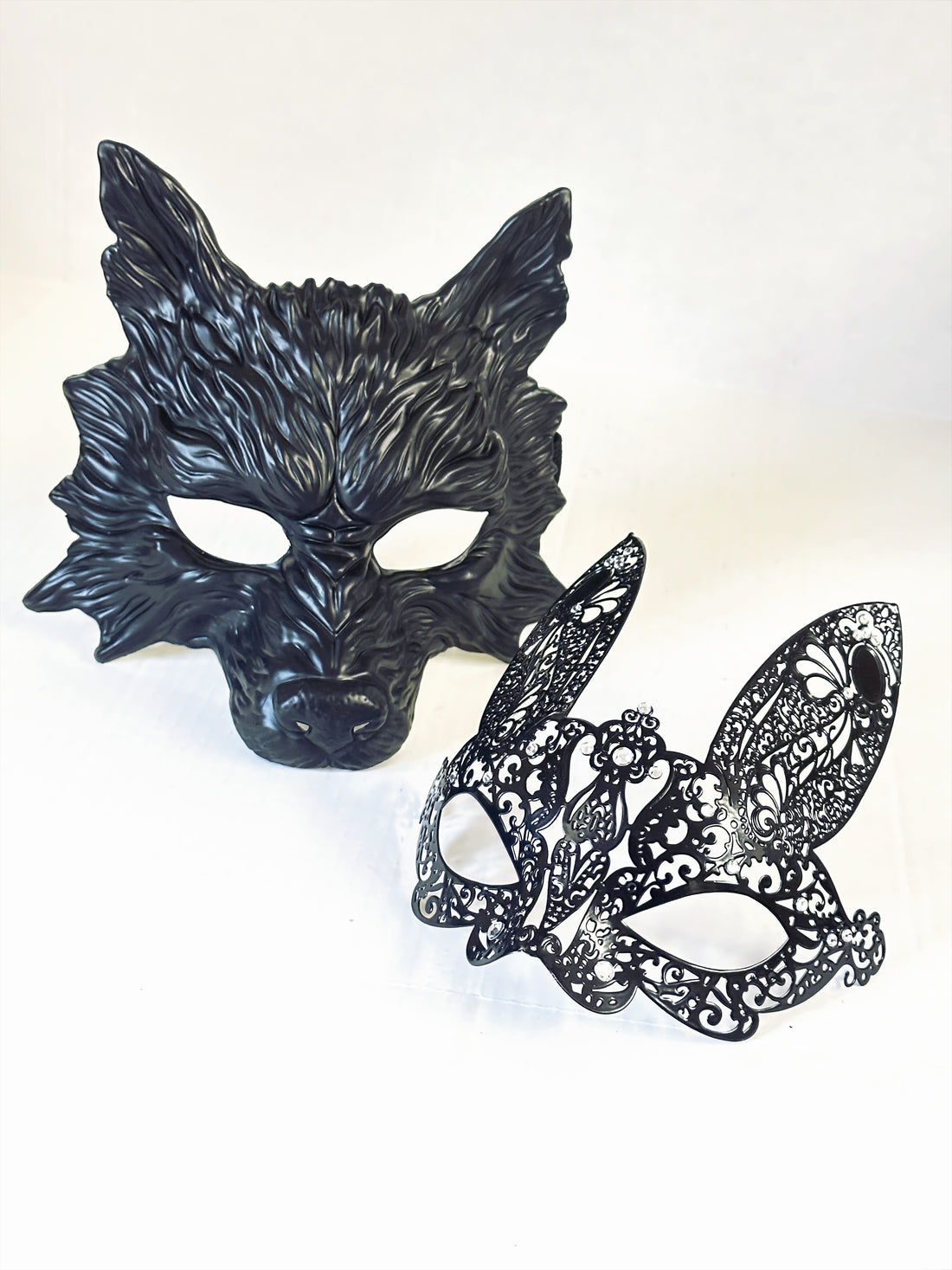 Black masquerade mask couples set wolf and bunny.