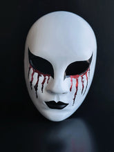 Bloodveil Hollow white full-face Halloween mask with black eye details, black lips, and red drip accents for gothic costume styling.