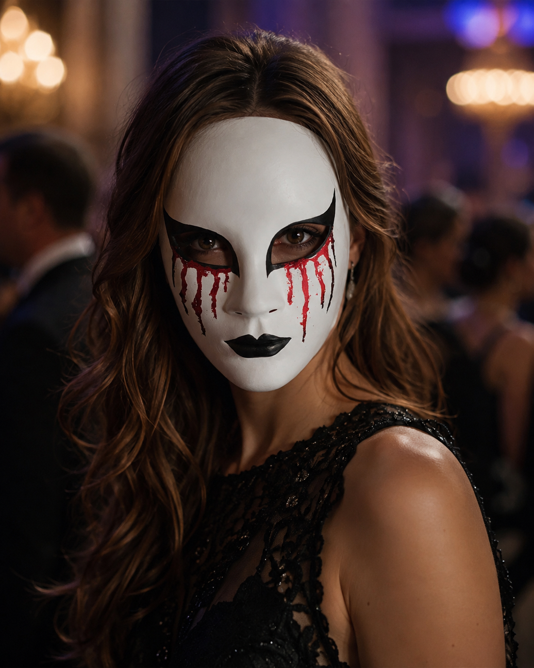 Bloodveil Hollow white full-face Halloween mask with black eye details, black lips, and red drip accents for gothic costume styling.